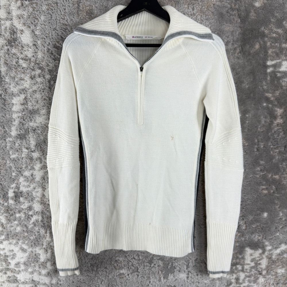 Athleta Sz XS Quarter Zip Wool Blend Ribbed Activewear Sweater White Long Sleeve